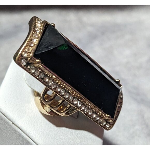 Art Deco Style Glam Black And Gold Stretch Statement Ring Size 6 3/4 - Picture 11 of 16